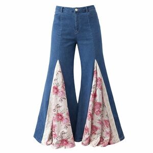 Boho Floral Lace Bell Bottom Jeans Patchwork Denim Flare Pants Spring